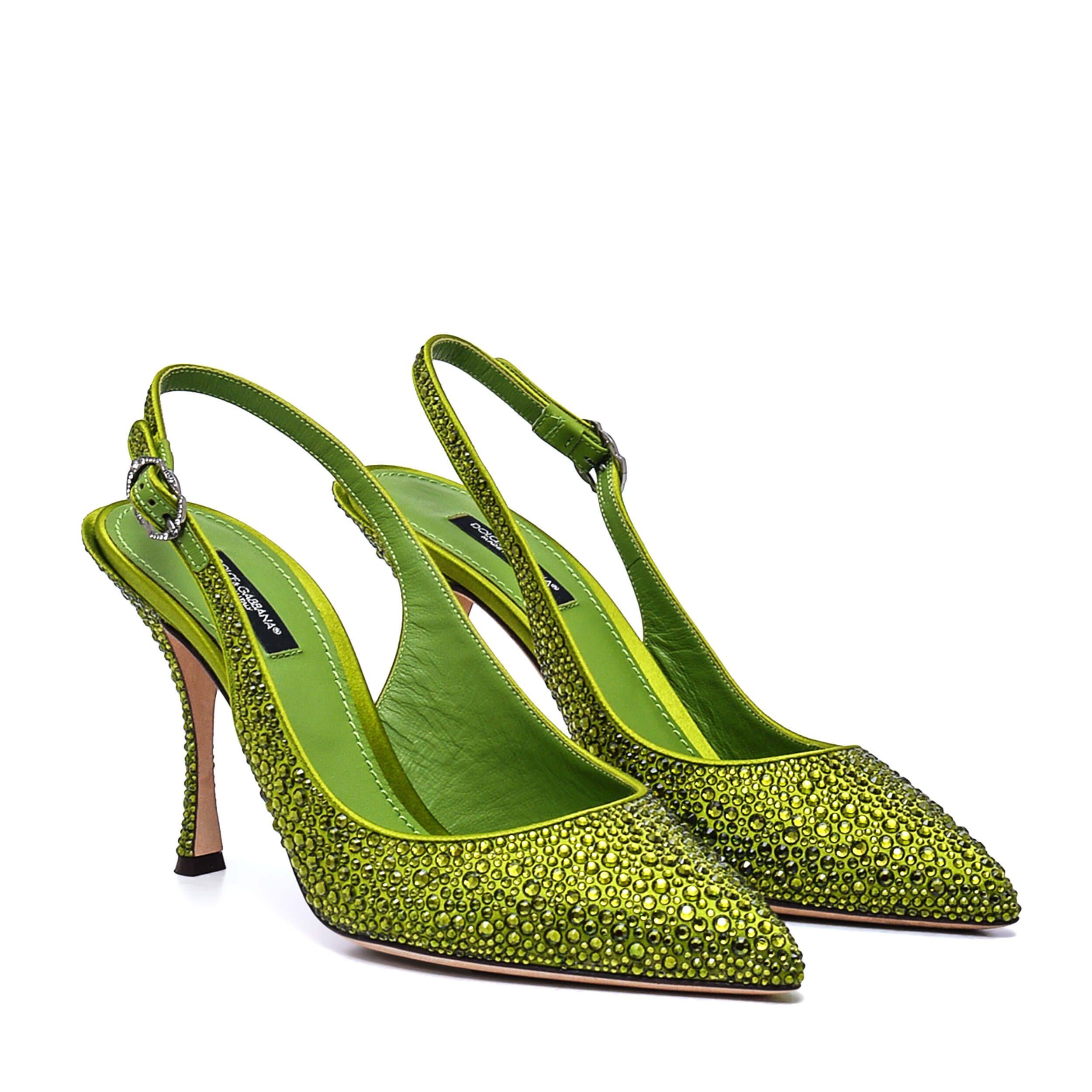 Dolce & Gabbana - Lime Green Lori Cryrstal Embellished Satin Slingback Pumps / 38.5